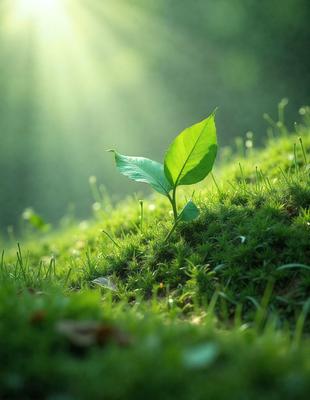 The primary subject of the image is a small green plant growing in a grassy field. The plant is surrounded by a lush green environment, with the sun shining on the grass. The visual style of the image is a photo, capturing the natural beauty of the plant and its surroundings. The colors in the image are predominantly green, with the sunlight adding a warm and inviting atmosphere to the scene.